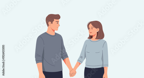 An illustration of a young couple holding hands, looking at each other with affection. This image represents love, support, connection, and could be used for relationship themes.