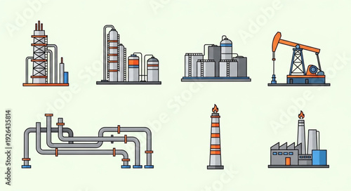 Industrial complex illustration showcasing various aspects of oil and gas production and processing.