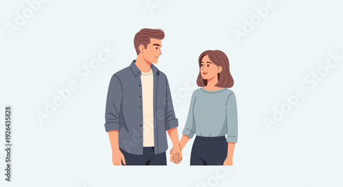 A young couple is holding hands and gazing into each other's eyes, conveying intimacy and connection in a clean, modern illustration style.
