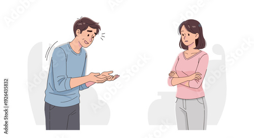Man tries to explain something to a woman with her arms crossed, looking skeptical. Could be used for communication issues, relationship problems, or business disagreement.