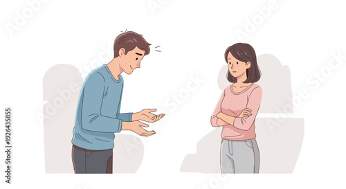 Illustrated couple experiencing conflict, with a gesturing man attempting to reason with a woman who stands with arms crossed, depicting relationship problems and seeking resolution.