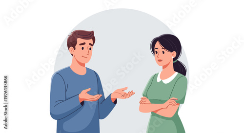 An illustration of a man explaining with open hands to a woman with arms crossed, set against a white background, useful for communication and relationship concepts.