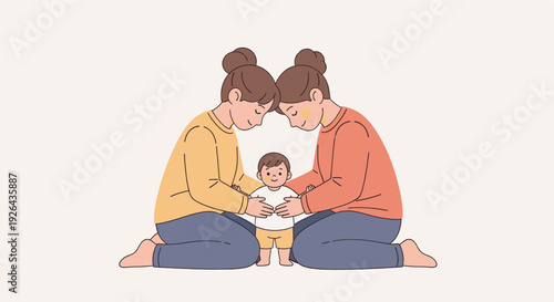 Cartoon style illustration of a lesbian couple helping their toddler son take his first steps in their home, creating a loving and supportive family environment.