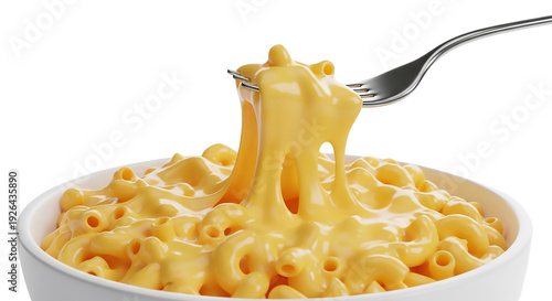 Macaroni and cheese in white bowl with fork lifting cheesy pasta noodles