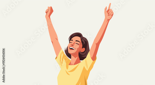 Animated image of a smiling woman with her arms raised in celebration, embodying success, achievement, or positive emotion against a light backdrop.