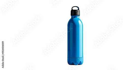 Sleek blue reusable water bottle with black cap on black background