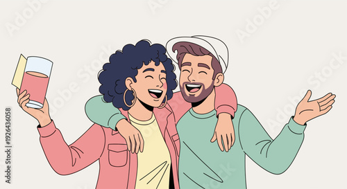 Illustrated image of a smiling couple embracing, the woman holding a drink, conveying joy and celebration against a neutral background; ideal for lifestyle and relationship content.