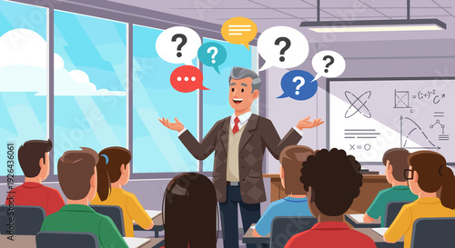 Man presenting to students with question marks.