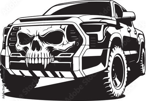 black and white illustration of a pickup truck with a skull on the front grille