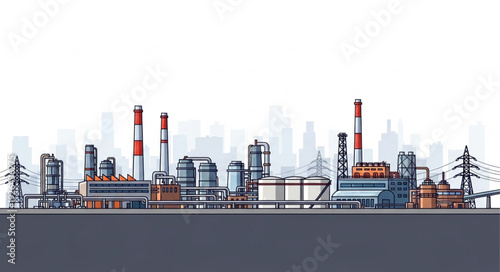 Industrial complex with chimneys and tanks, a detailed illustration.