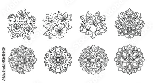 Intricate black and white floral mandala designs arranged in a grid