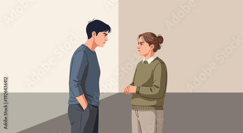 Illustration of a young couple having a disagreement, with angry expressions, creating a tense atmosphere for concepts like relationship problems or communication issues.