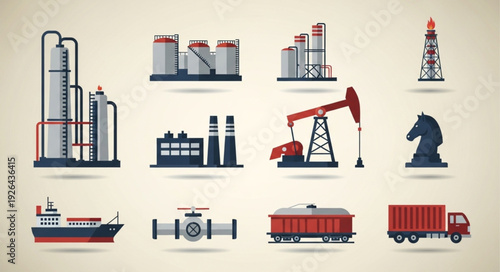 Industrial and transportation icons representing oil and gas production and delivery.