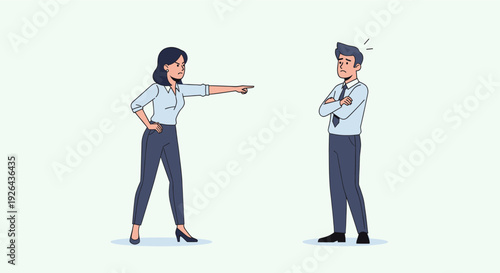 An angry woman is pointing her finger at a disappointed man, representing workplace conflict, blame, or negative feedback with a clean, modern, minimalist illustration style.