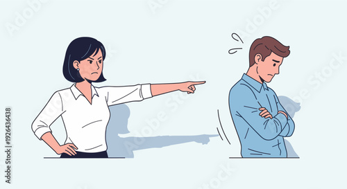 Illustration of an angry business woman pointing and dismissing a sad man with his arms crossed; depicting workplace conflict, firing, or reprimanding with negative emotions.