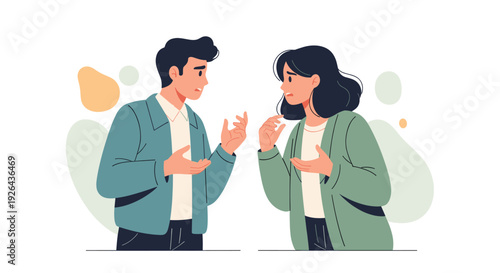 An illustration depicting a couple, a man and a woman, in conflict, with the woman looking upset as they talk and gesture with their hands during an indoor relationship discussion.