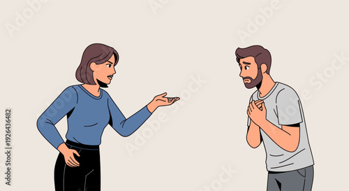 Digitally generated illustration of a woman scolding a man with his hands on his chest in a relationship conflict scenario, showcasing tension, communication, and emotion.