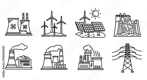 Energy production sources - power plants, wind turbines, solar panels, and hydro dams.