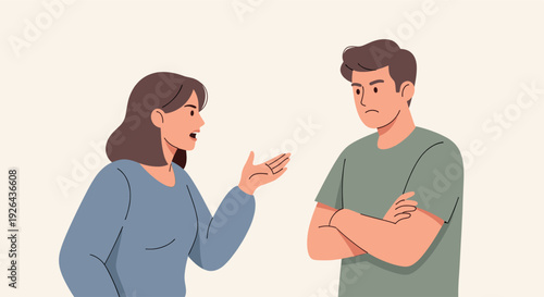 Illustration of a woman arguing with a man who has his arms crossed, depicting relationship problems and communication breakdown with a neutral background.