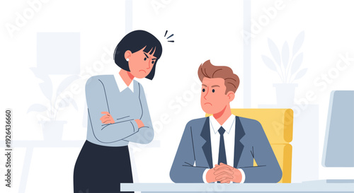 An illustration of an angry female boss confronting a male employee in the office, showcasing a tense workplace dynamic with subtle expressions and modern, clean design elements.