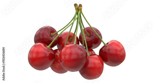 Bunch of fresh red cherries with green stems on transparent background