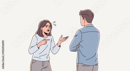 Illustration of a young woman gesturing emphatically during an argument with a man, suggesting conflict, disagreement, or relationship problems, set against a plain background.