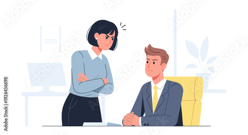 An illustration depicts an angry female boss scolding a male employee in an office, with her arms crossed and his posture indicating stress, suitable for illustrating workplace conflict.