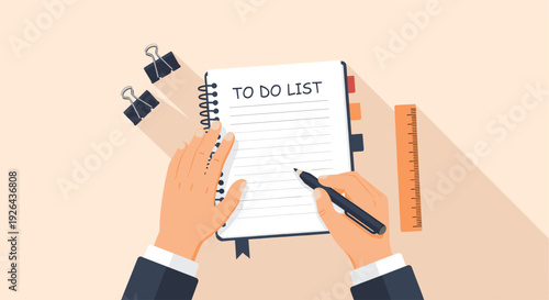 Overhead shot showing a person writing on a 'To Do List' notepad with a pen, with a ruler and clips around the notepad on a light colored table.