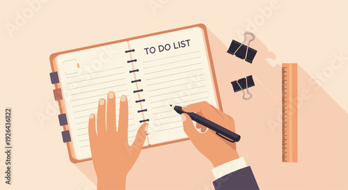 Top-down vector illustration showing hands writing in a To Do List planner, with binder clips and a ruler on a light brown desk surface, conveying organization and planning.
