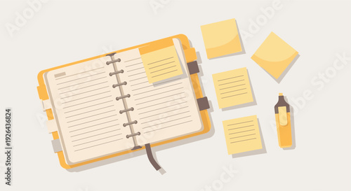 Illustration of an open yellow notebook, sticky notes, and marker on a white background, suggesting organization, planning, and productivity. Great for business or lifestyle content.