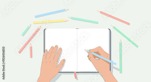 An illustration shows a person writing in a blank notebook surrounded by pastel colored pencils, ideal for creative projects or design templates with a calm and inspiring aesthetic.