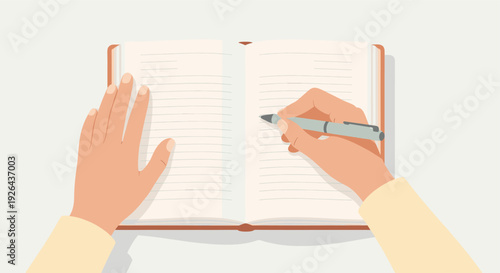 Hand holding a pen writing in an open, lined notebook on a light surface. Use for writing, planning, journaling or illustrating education, business or creativity.