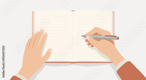Overhead illustration of a hand writing with a pen in an open lined notebook, rendered in a flat style with clean lines and a neutral color palette, ideal for creative projects.