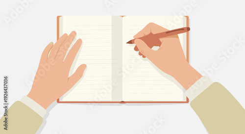 Top-down vector illustration of person writing in open notebook with reddish pen, blank page, minimal style, flat design, for planning or creative work.