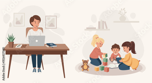 Cartoon illustration of a woman working on a laptop at a desk, while two children are playing with blocks and a book in a comfortable indoor setting.