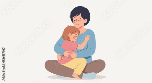 A tender vector illustration of a mother and daughter in a comforting embrace while sitting, evoking feelings of love, security, and family togetherness. Perfect for parenting resources.