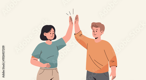 Two people, woman and man, giving each other a high five to celebrate a success in a clean, modern, vector style on an off-white background.