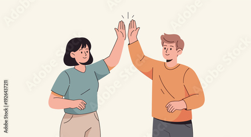 Flat vector illustration of two friends, a woman and a man, high fiving each other in a light and cheerful style, demonstrating teamwork, collaboration, and success.