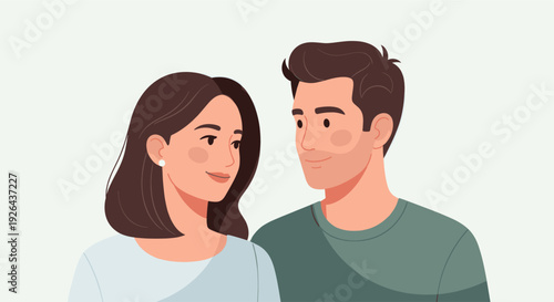 Illustration of a happy couple lovingly gazing at each other, conveying warmth and connection; great for relationship, dating, or family themed designs.