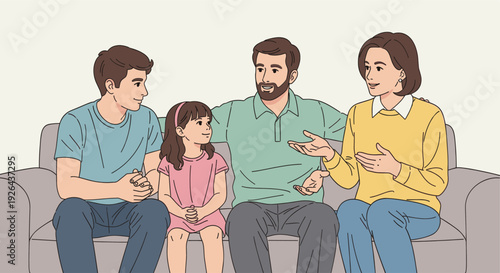 Illustration of a family with two parents and two kids sitting together on the sofa and discussing in a happy mood, perfect for family concepts.
