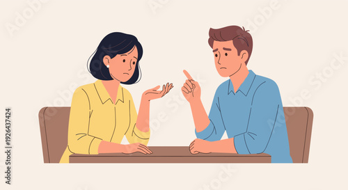 A vector illustration shows a couple in disagreement, sitting at a table, wearing casual clothes, with concerned expressions, ideal for illustrating relationship issues or conflict resolution.