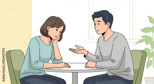 Illustration of a young couple having a serious discussion, depicted with a sad, thoughtful mood, while sitting at a table indoors.