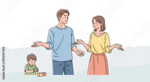 Cartoon illustration of a mother and father shrugging with uncertainty as their young boy plays with colorful blocks, creating a lighthearted and relatable family scene.