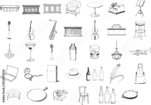 Hand Drawn Vintage Jazz Bar and Speakeasy Lounge Illustration Collection