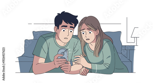 A cartoon couple, concerned, stare at a doorbell camera footage on a phone in their bedroom, showcasing worry and potential home security issues.