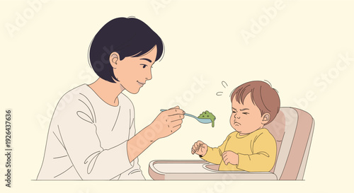 Cartoon illustration of a mother feeding her baby, who is grimacing and resisting the spoonful of green vegetables in his highchair. Neutral background, gentle color palette.