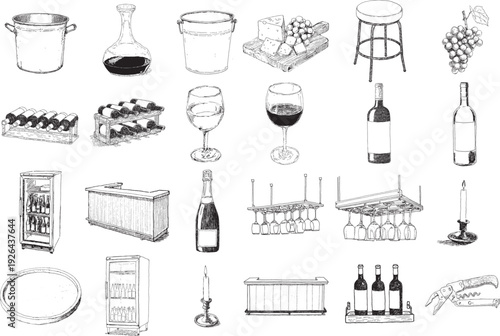 Hand Drawn Wine Bar and Winery Illustration Collection