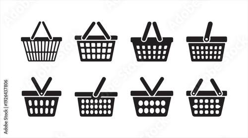 Minimal shopping basket icon pack featuring store baskets with handles for retail design