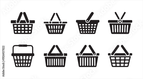 Retail shopping basket symbol set for supermarket and ecommerce graphics in minimal silhouette design