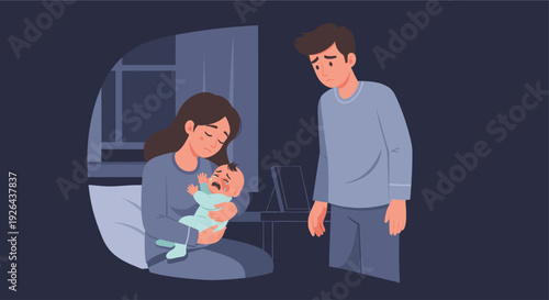 Sleepless parents are holding a crying baby at night, vector illustration in blue tones depicts a tired mother and father dealing with the challenges of parenthood.
